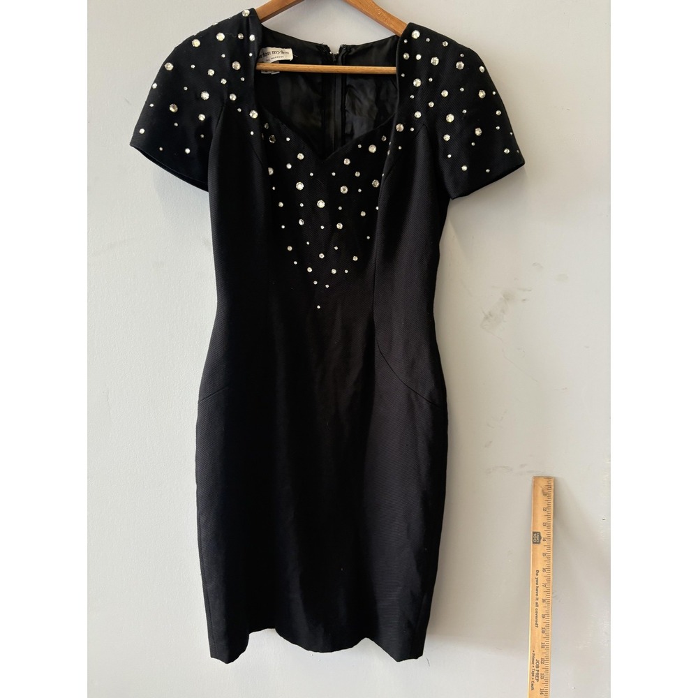 Morton Myles Dress Womens 6 Black Rhinestone Sheath Sweetheart Short Sleeve Mini